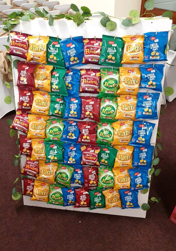 Wall display of individual crisp packets for a wedding reception