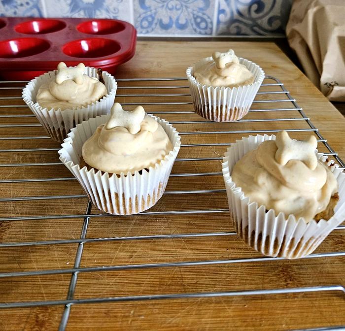 Dog-friendly treat cupcakes topped with bone-shaped biscuits